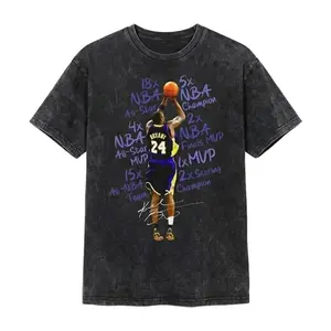 Menswear Kobe Bryant #24 Lakers Basketball Legend Short-Sleeve Tee - Soft, Vintage Washed, Distressed Acid Wash Black, Career Stats Portrait Graphic, Oversized Streetwear