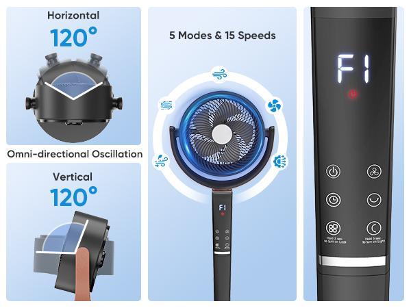 Bedroom Pedestal Fan, Quiet 20dB DC Air Circulator, 15 Speeds 5 Modes, 120° Oscillation, 12H Timer, 1050CFM Airflow, 37-45" Adjustable Height, LED Light, Standing Fan with Remote