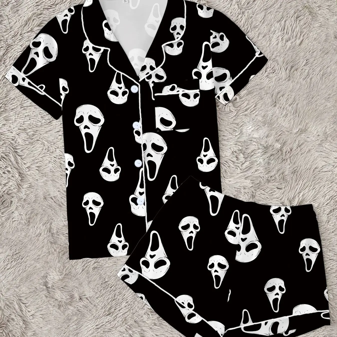 Women's Halloween Ghostface Scream Pajama Set, 2 Piece Button Down Short Sleeve Shirt and Shorts Loungewear, Horror Movie Print Sleepwear