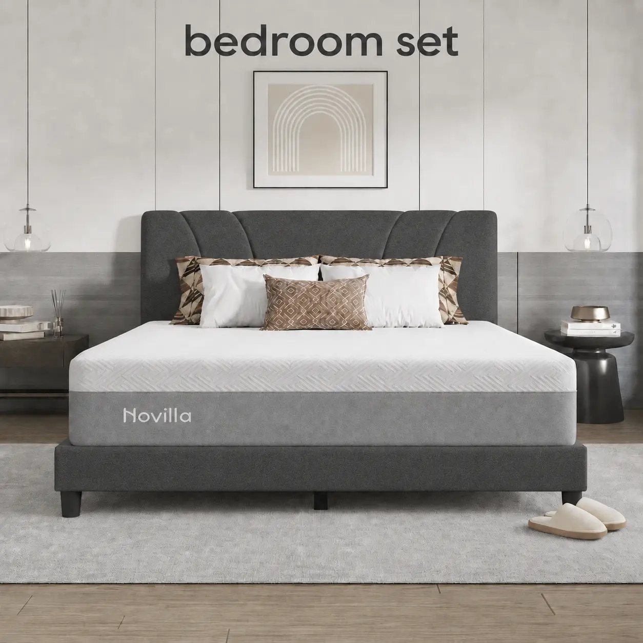 Novilla Sleep Bundle 2-piece bedroom set: 12" Cooling Gel Mattress + Upholstered Bed Frame Novilla Sleep Bundle 2-piece bedroom set: 12" Cooling Gel Mattress + Upholstered Bed Frame