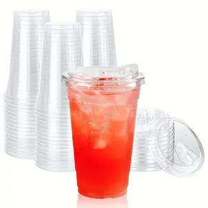 Transparent Plastic Cups with Lids, to Go Crystal Clear Disposable Cups, 16oz Cold Drinks, Ice Coffee, Smoothie, Soda, Lemonade, Individual Cups