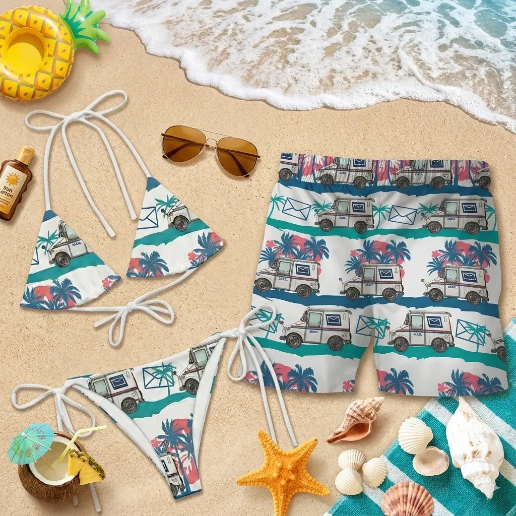Matching Couple Swimwear Set - Retro Tropical Camper Van Bikini and Swim Shorts - Vintage Surf Bus Beach Vacation Outfits for Men & Women