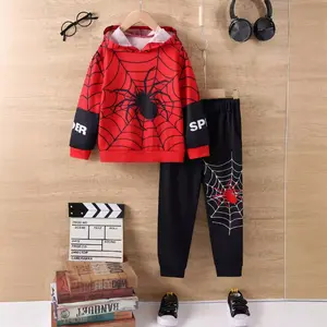 Boys' Spider Print Long-sleeved Hooded Sweatshirt + Spider Print Trousers Two-piece Set