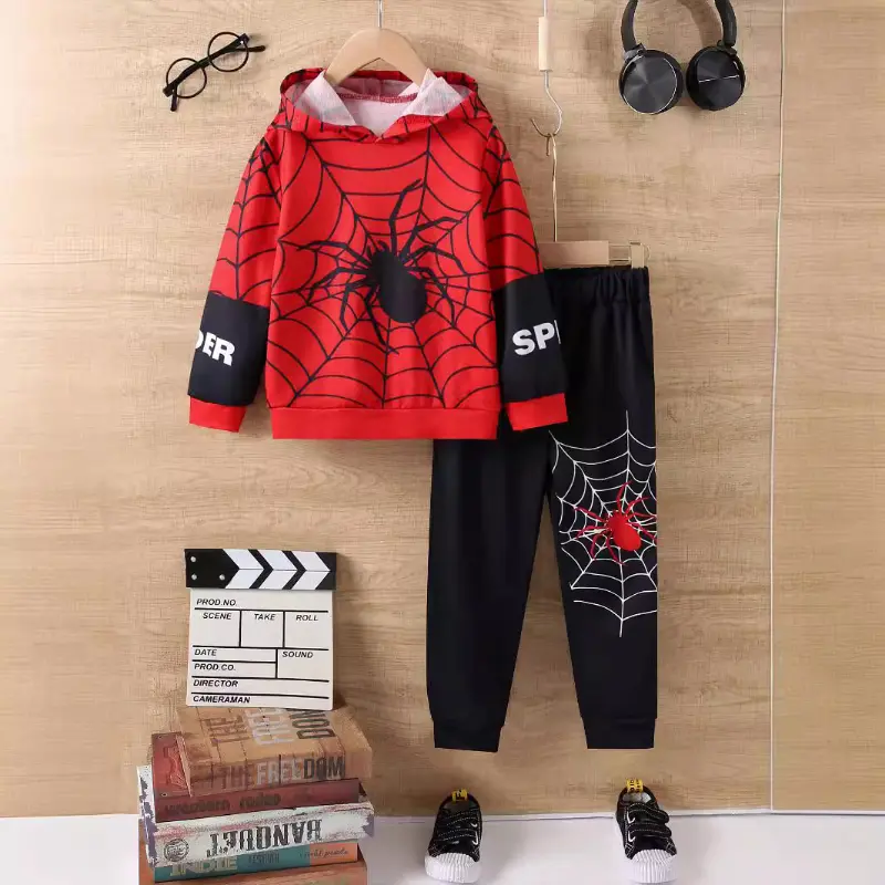 Boys' Spider Print Long-sleeved Hooded Sweatshirt + Spider Print Trousers Two-piece Set