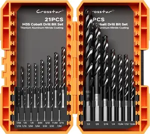 Crosstar M35 Cobalt Drill Bit Set for Hardened Metal & Stainless Steel - 21pcs Titanium Aluminum Nitride Coated (TiAlN), Three-Flute Design, 1/16"-1/2" Metal Drill Bits