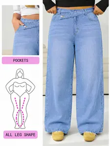 Women's Plus Size High Waist Wide Leg Denim Jeans Bottom, Breathable Cotton Long Pants Womenswear, Casual Loose Fit Street Style Streetwear Y2K Fashion, Curvy Button, All Seasons