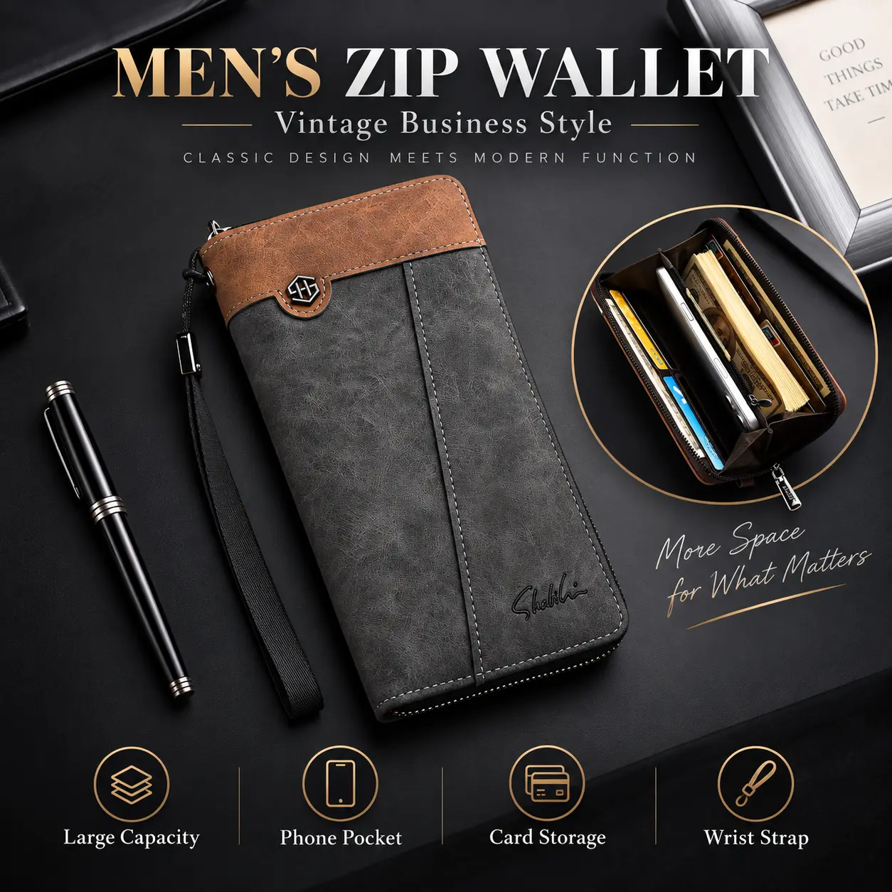 Men's Vintage PU Leather Long Zip Around Wallet – Large Capacity Business Clutch Wallet with Phone Pocket, Multiple Card Slots, Cash Compartments and Wrist Strap, Stylish Travel Organizer for Men