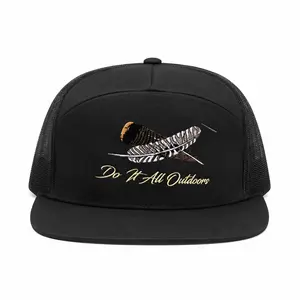 Generic Flat Bill Trucker Hat, Black Mesh Snapback Cap with Feather Embroidery, Vintage Outdoor Hunting Hat for Men