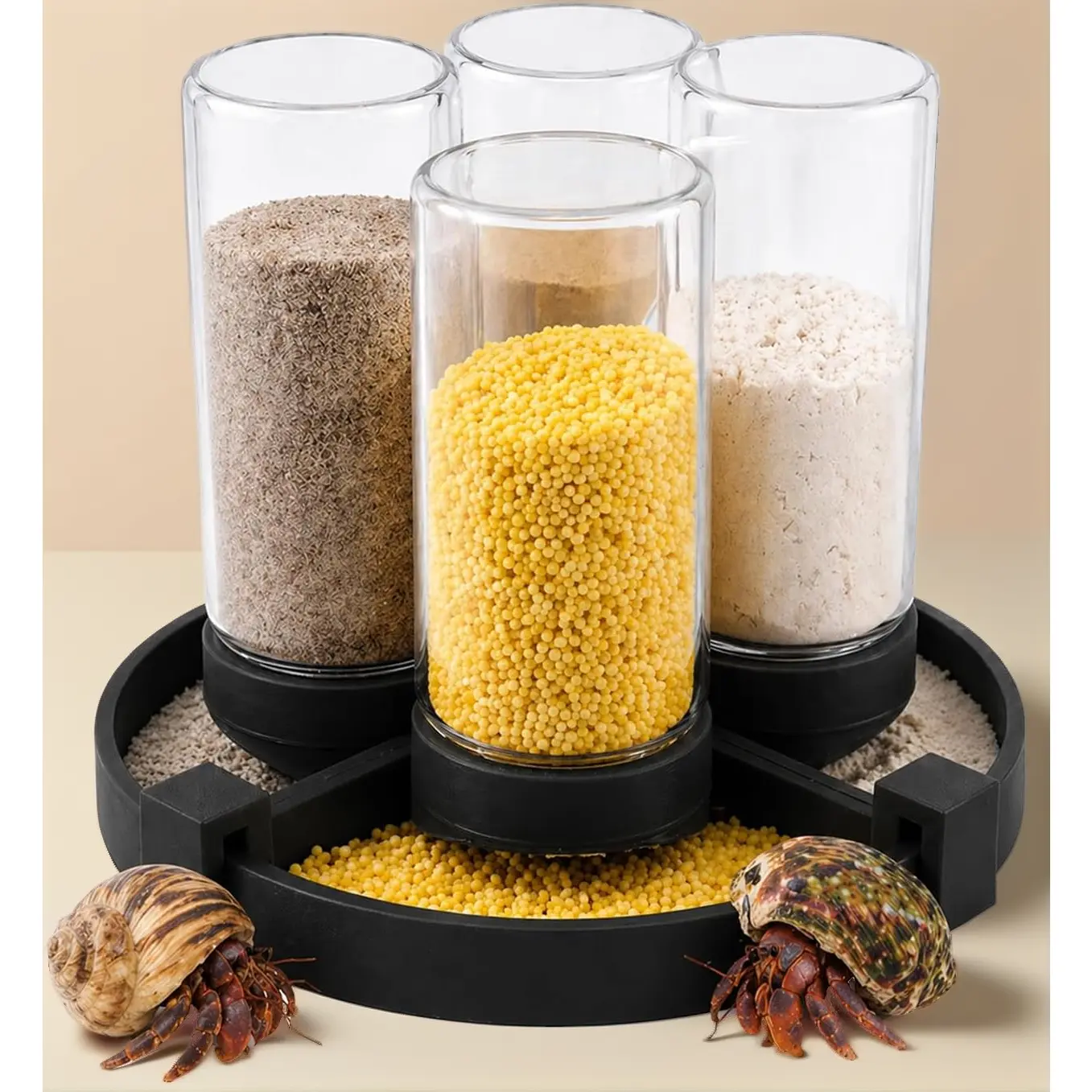 Automatic Hermit Crab Gravity Feeder – 4 Glass Bottles + 4 Food Trays, Self-Refilling Feeding Station  Keeps Food Fresh & Accessible for Gecko, Snail, Reptile (Black)