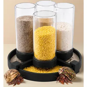 Automatic Hermit Crab Gravity Feeder – 4 Glass Bottles + 4 Food Trays, Self-Refilling Feeding Station  Keeps Food Fresh & Accessible for Gecko, Snail, Reptile (Black)