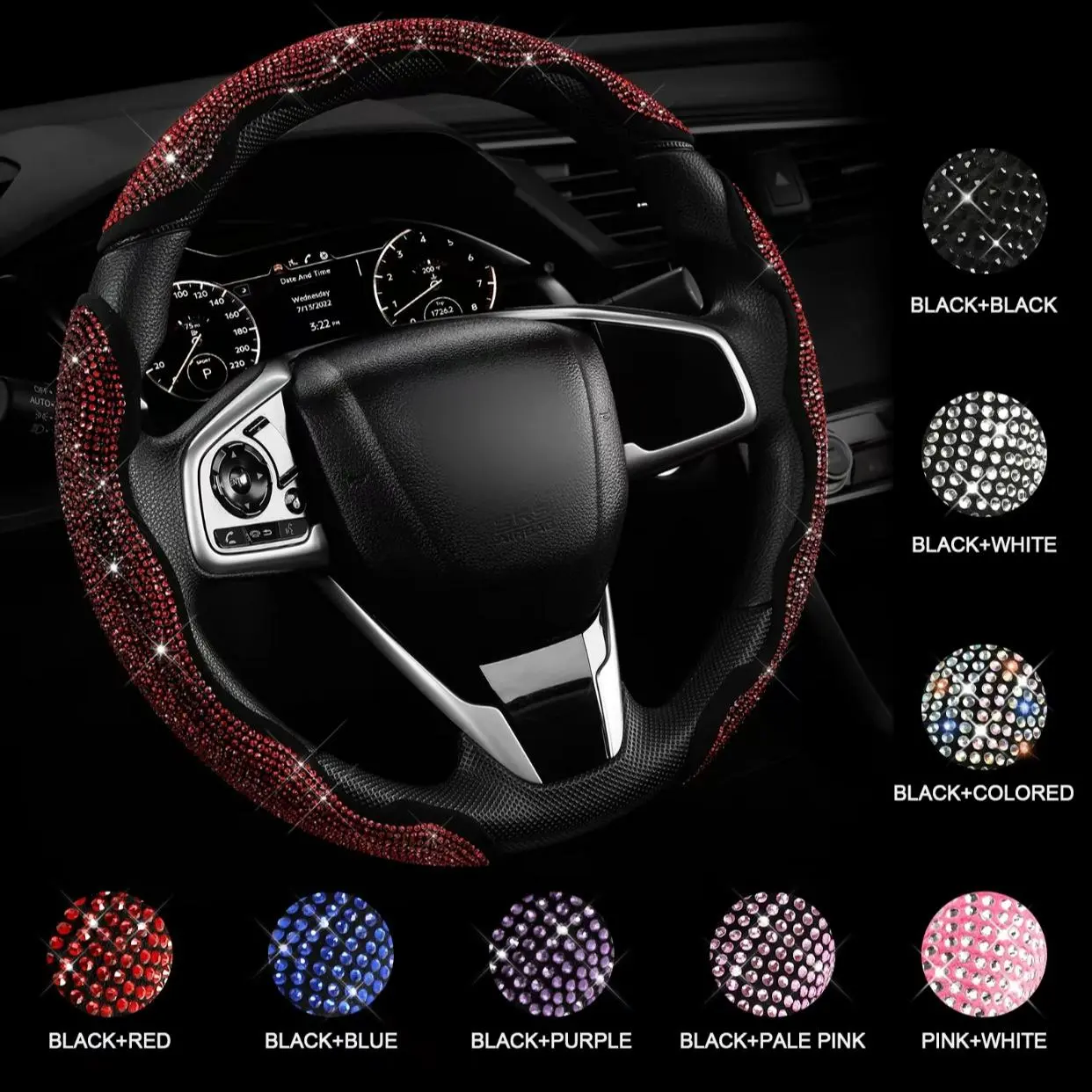 Luxury Inlaid Crystal Rhinestone 3-Piece Steering Wheel Cover for Women, Glitter Sparkly Diamond Car Steering Wheel Cover, Stylish Universal Auto Interior Modification Accessories With 5 Shiny Color Choices all-season fit