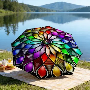 Portable folding umbrella The umbrella features a vibrant, kaleidoscopic pattern with multicolored leaf shapes radiating from the center, resembling a stained-glass mosaic. Suitable for daily travel use, holiday Gift