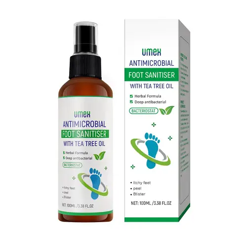 Umex Tea Tree Oil Antibacterial Foot Spray - 100ml Bottle, Natural Odor Control, Heals Cracks, Dry Skin Moisturizer with Aloe Vera, Nail & Skin Support, Fast-Absorbing No-Battery-Needed Daily Foot Care Product