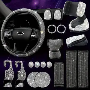 19-Piece Women's Shiny Car Decor Set, Shiny Steering Wheel Cover, Universal 15-Inch, Shiny Seatbelt Cover, Shiny Gear Shift Cover, Shiny Phone Holder, Rhinestone Cup Mat