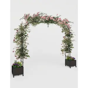 Heavy Duty Metal Garden Trellis Arch with 2 Planter Boxes & Wheels – 94.5" Rustproof Arbor for Climbing Plants – Ideal Outdoor Wedding & Party Backdrop – Pergola Plant Support