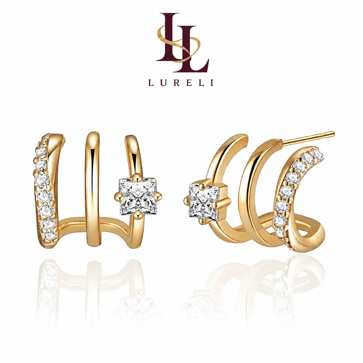 LURELI 14K Gold Plated Illusion Stud Earrings for Women, | Triple Huggie Hoop Earrings for One Hole| Trendy Simple Hypoallergenic Fashion Accessories Gold Jewelry Gifts for Womens，Christmas Gifts for Women, Holiday Gift for Her, Stocking Stuffer