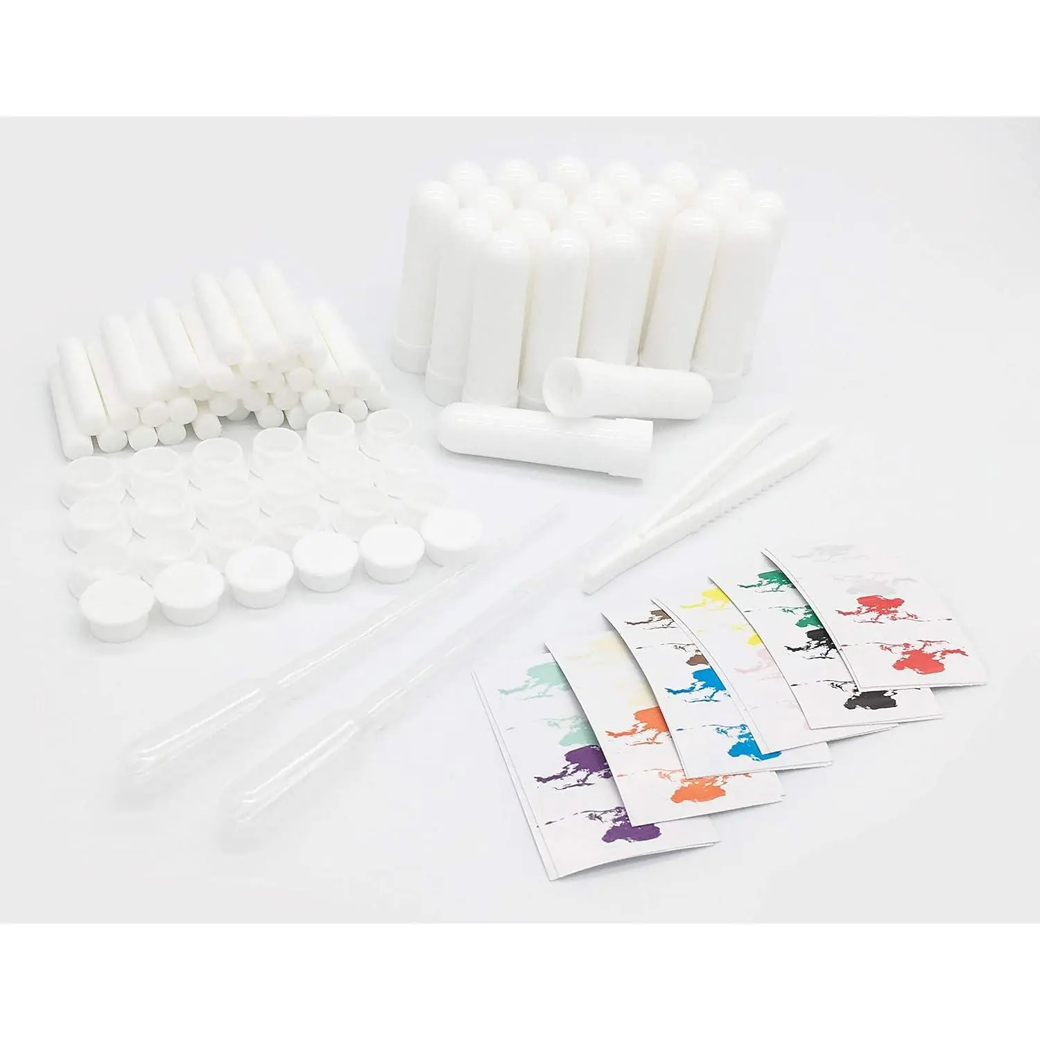 Nasal Inhaler Tubes - Kit Contains: 24 Empty Nasal Inhaler Tubes (with Wicks) in 12 Extra Wicks,36 Writable Stickers, 2 Mini Droppers and 1 Tweezers