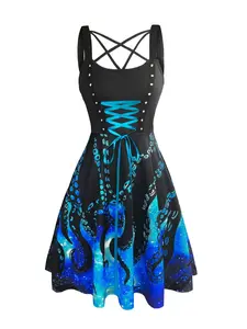 Women's All Over Print Lace Up Backless Strappy A Line Dress, Punk Fashion Casual Criss Cross Short Dress for Daily Outdoor Wear, Ladies Dress for Summer, Womenswear