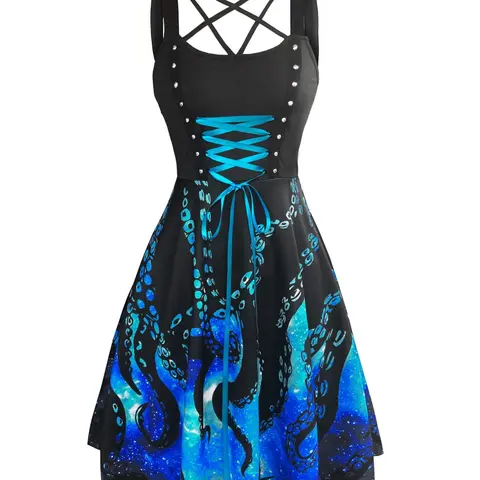 Women's All Over Print Lace Up Backless Strappy Sleeveless A Line Dress, Punk Fashion Casual Criss Cross Short Dress for Daily Outdoor Wear, Ladies Dress for Summer, Club Party Dress, Womenswear, Party Dresses