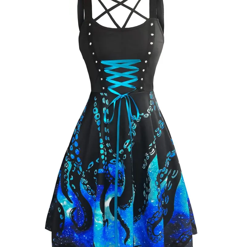 Women's All Over Print Lace Up Backless Strappy Sleeveless A Line Dress, Punk Fashion Casual Criss Cross Short Dress for Daily Outdoor Wear, Ladies Dress for Summer, Club Party Dress, Womenswear, Party Dresses