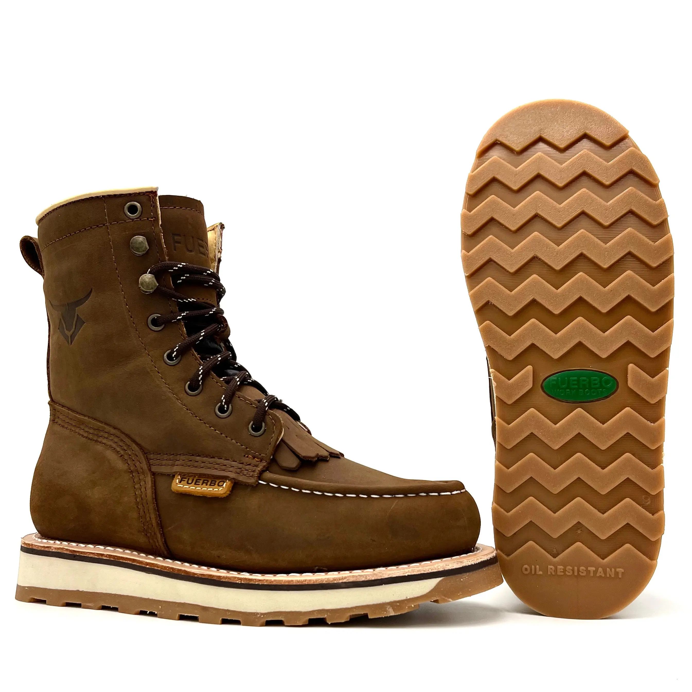Fuerbo Heritage Lacer Moc Toes 8 Inch Work Boot Dual Density Goodyear Welt Sole Anti-Slip Oil & Slip Resistant Anti-Fatigue Comfort Mango Tan L-50