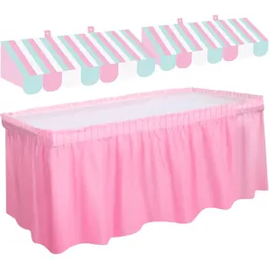 3 Pcs Circus Awning Decorations Carnival Concession Stand Decor 3D Cardboard Tent Canopy and Stripe Table Skirt Carnival Kit for Circus Birthday Party Supplies (Pink Blue White, 3 Pieces)