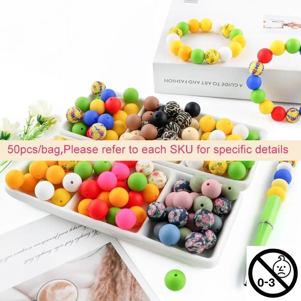 15mm Silicone Bead, 50pcs/set Colorful Bead, Interchangeable Beads, Beads for bracelets, DIY Beading Supplies for Bracelet Making, Acrylic Bead Mix, DIY Jewelry & Beading Accessories