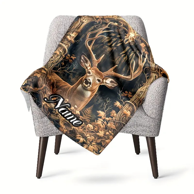1pc Personalized Forest Elk Deer Flannel Blanket - 240g/m² Soft Warm All-Season Outdoor Throw, Custom Name Luxury Gift for Travel, Home, Birthdays (Mixed Colors)