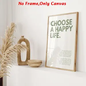 Positive Quote Letter Art for Wall Decor – This Frameless Canvas Print of "Choose A Happy Life" in a Clean Typographic Style, Offers a Subtle Motivational Accent for Home, Office, Living Space, or Bedroom Interiors.