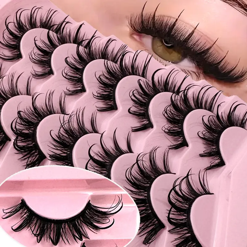 7 Pairs Wet Synthetic Mink Eyelashes, Cartoon Character Cosplay Wispy Doll Lashes, Natural Curled Dense Fluffy Fairy Cat Lashes, Reusable Lashes, Faux Lashes