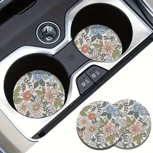Floral Pattern Car Coaster, Round Anti-slip Car Cup Holder Coaster, Absorbent and Durable Cup Coaster for Vehicle and Home Use, Floral Pattern Placemat
