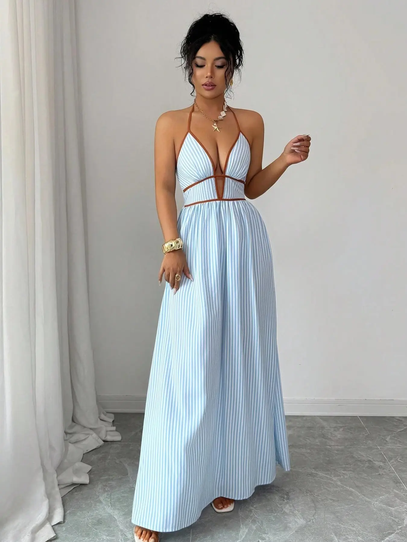 Women's Vacation Striped Deep V Neck Backless Dress, Sexy Halter Maxi Dress,  Summer Casual Fashion, Perfect for Parties and Evening Dress - TikTok Shop