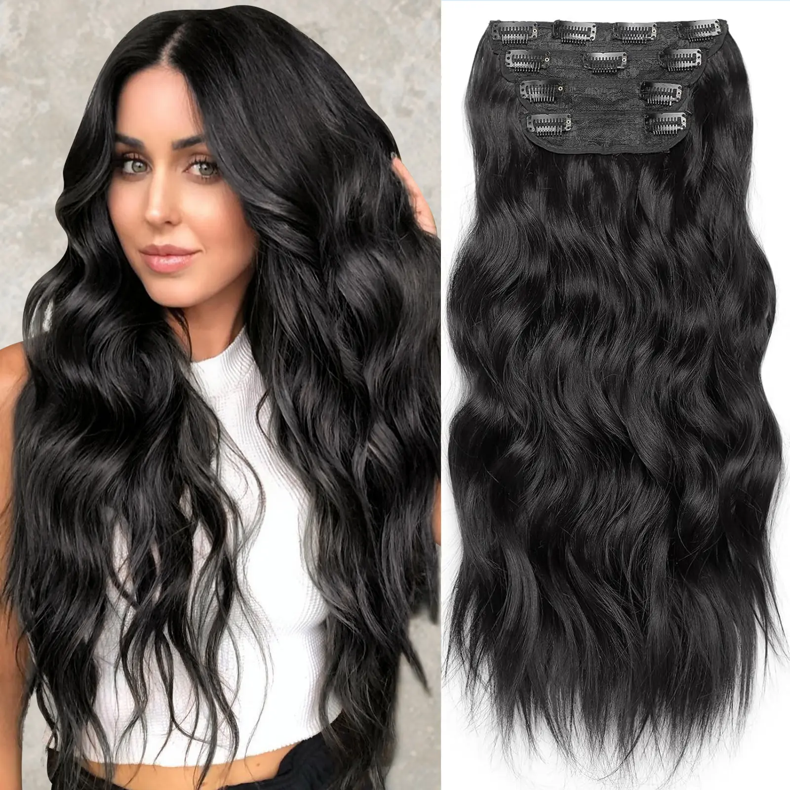 HIUSVO Clip in Hair Extensions, 4 PCS 24/20 Inch Blends Well Hair Extensions, Long Wavy Synthetic Hairpieces