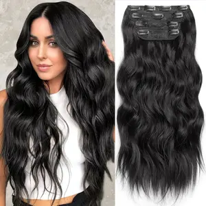 HIUSVO Clip in Hair Extensions, 4 PCS 24 Inch Natural & Soft Hair & Blends Well Hair Extensions, Long Wavy Synthetic Hairpieces(24inch, 4pcs)