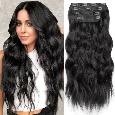 HIUSVO Clip in Hair Extensions, 4 PCS 24/20 Inch Blends Well Hair Extensions, Long Wavy Synthetic Hairpieces