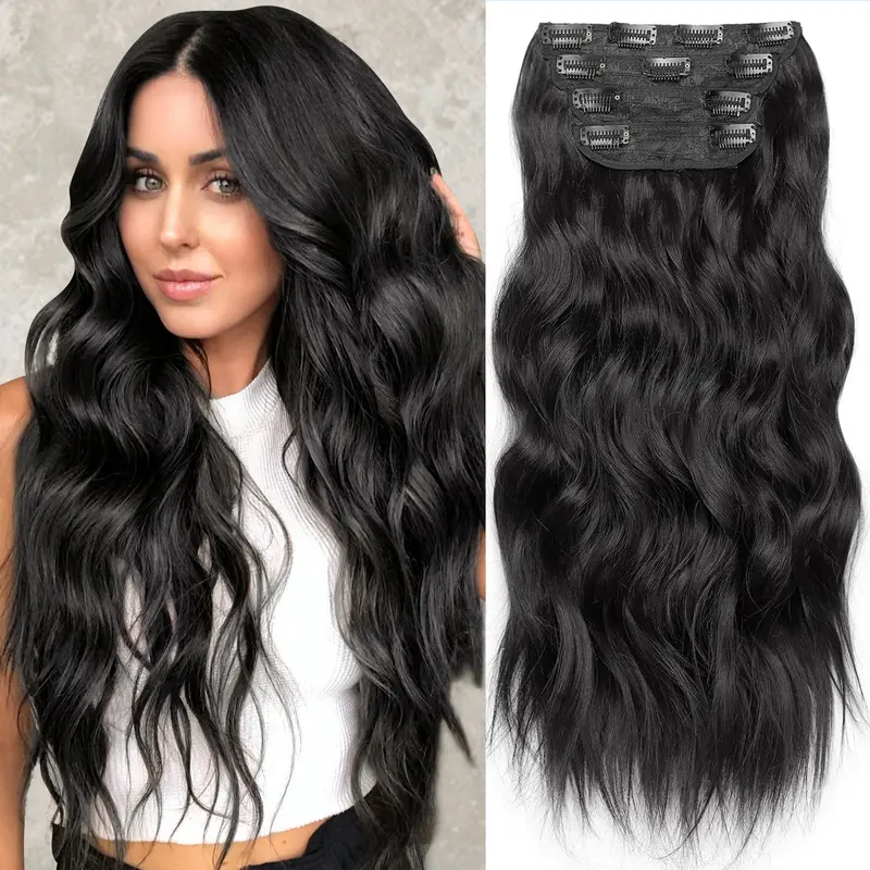 HIUSVO Clip in Hair Extensions, 4 PCS 24/20 Inch Blends Well Hair Extensions, Long Wavy Synthetic Hairpieces
