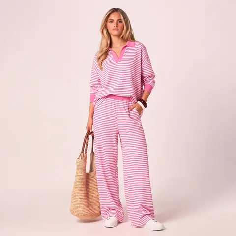 Chicovar Women's Striped 2 Piece Matching Set Polo V Neck Long Sleeve Top High Waisted Wide Leg Pants with Pockets Casual Loose Fit Lightweight Loungewear Airport Outfit Travel Vacation Pre-Fall Transitional Everyday Wear