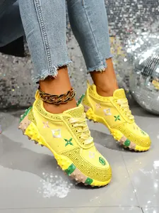 Women's Rhinestone Checkered Dad Shoes, Sneaker, Thick Sole Height Boost Anti-Slip, Casual Sporty Footwear, All-Season Textile Rubber Soles