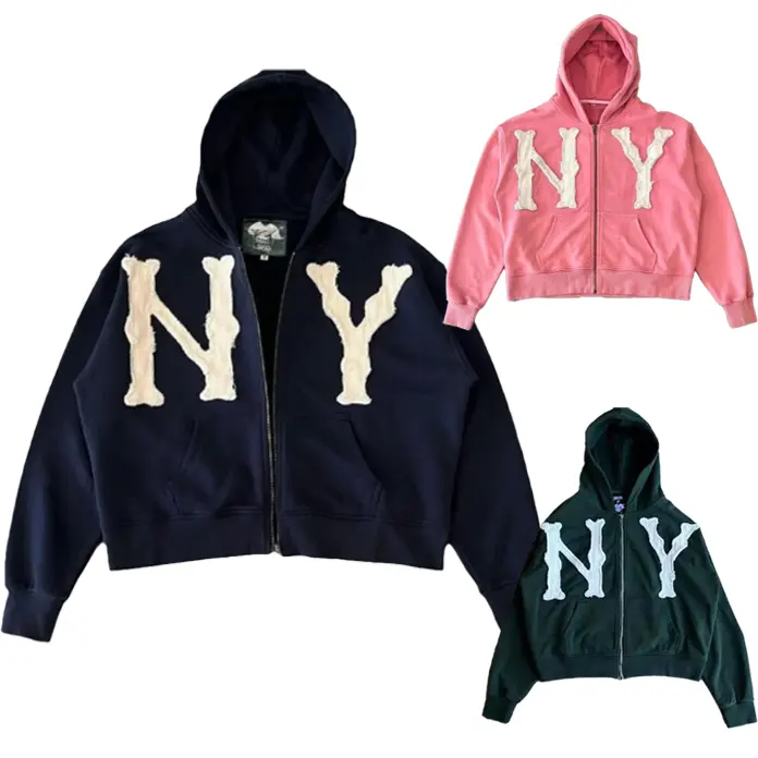 Women's Navy Oversized Zip-Up Hoodie - Casual Longsleeves, "NY" Letter Print, Streetwear Hooded Sweatshirt for Urban Style, Party, Chic, Tops, Work