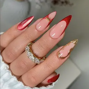 24pcs Medium Almond Fake Nails Red French Press on Nails Gold Glitter False Nails Removable and Reusable False nails