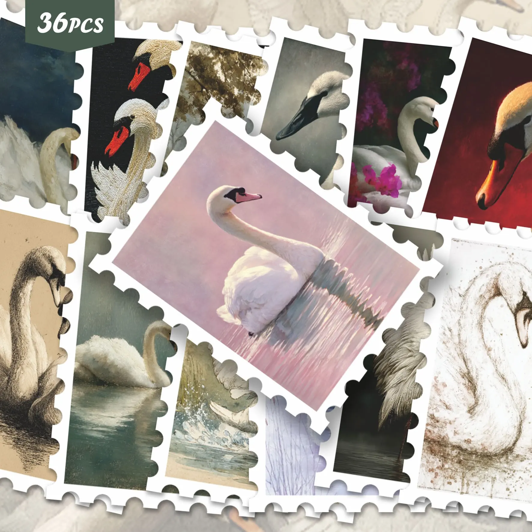 36pcs Elegant Waterfowl Illustration Art Stickers Pack | Dynamic Vinyl Decals with Whimsical Swan & Crane Designs | for Laptop, Decor & Gift | for Art Fans & Atmospheric Vibe Enthusiasts | Stickers For Scrapbooking