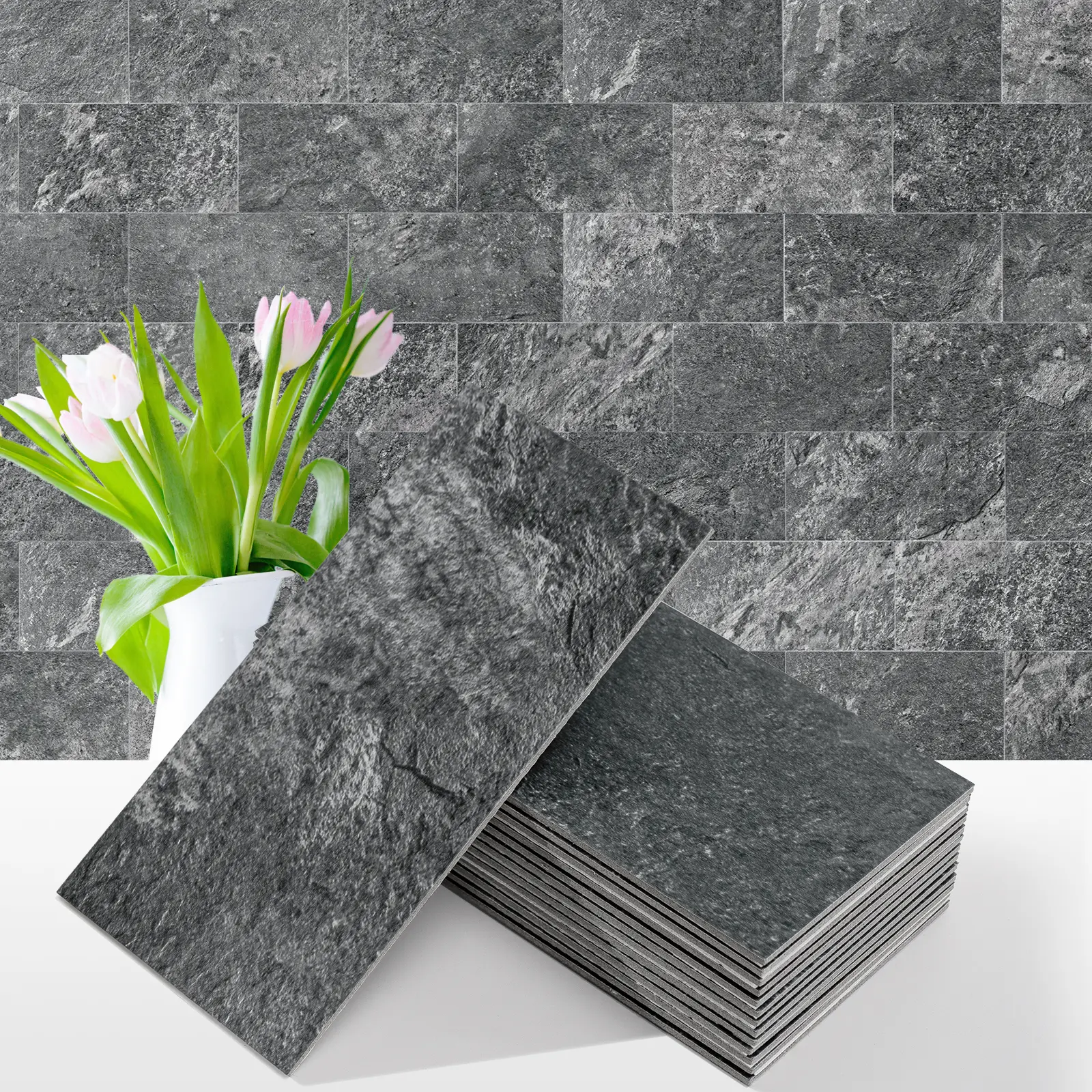 Vamos Tile 100-Piece Matt Beige Mixed Grey Slate Peel and Stick Backsplash Seamless Tile,3''x6'' PVC Subway Tile,Stick on Backsplash for Kitchen/Bathroom/Laundry Room