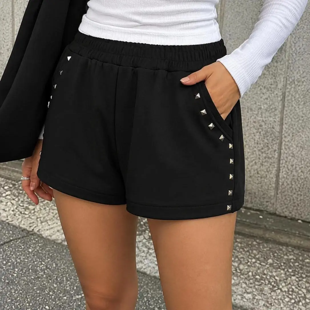 Elengatine Women Metal Studded Shorts, Sexy Silver Eyelet Decor Straight Leg Shorts, Stylish High Waisted Casual Bottoms with Shimmering Detail, Chic Aesthetic Streetwear, Soft Breathable One Piece for Summer, Trendy Baddie Style Outfit