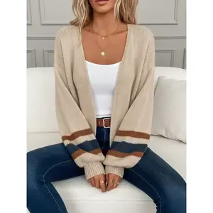 Women's open front color striped lantern sleeve loose cardigan wool sweater, autumn and winter casual off shoulder fashionable lightweight and elegant knitted cardigan wool sweater, women's autumn knitted sweater, winter cardigan wool womenRAIMENTRY