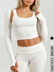 1 Cutout Shoulder Cropped Shrug Top Women（Tank Top Not Included） | Long Sleeve Bolero Cardigan with Thumb Holes | Y2K Athleisure Gym Workout Cover Up   | Minimalist Yoga Loungewear Layer | Athletic Fitness Clothes