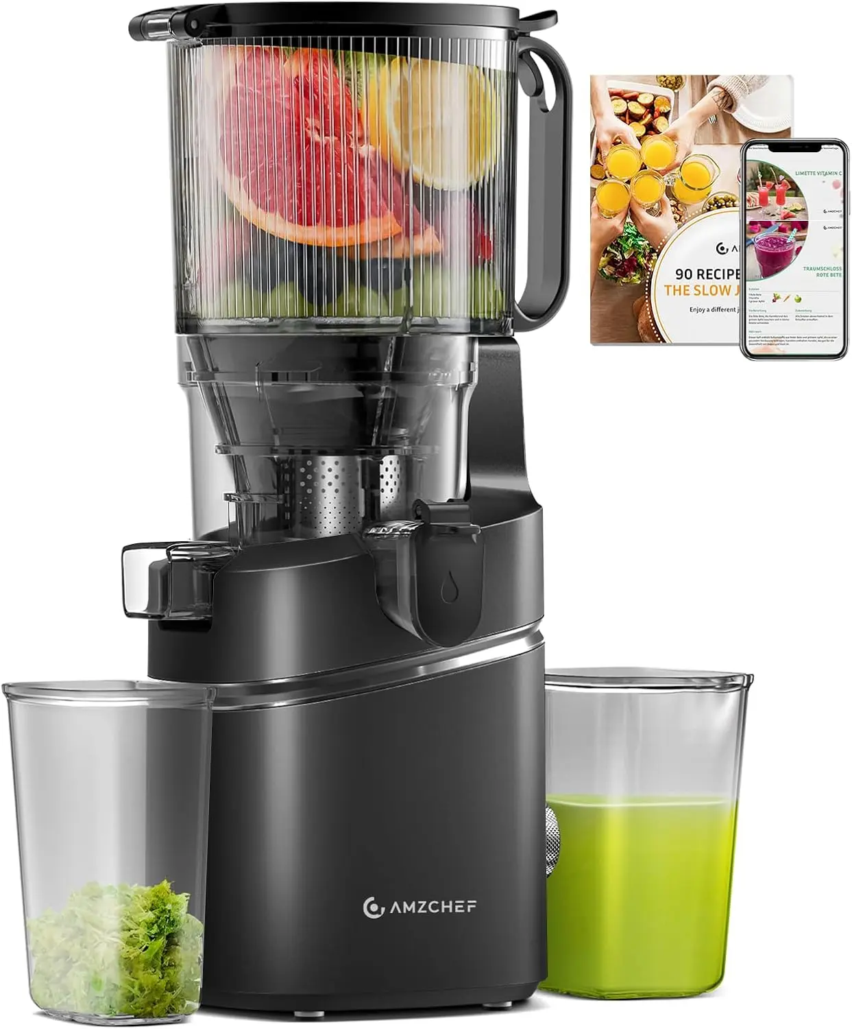 AMZCHEF Juicer Machines, 5.8" Extra Self-Feeding Cold Press Juicer for Whole Vegetable & Fruit, Juice Extractor Machine with Large Auger & Triple Strainers, Easy to Clean, High Juice Yield, Black
