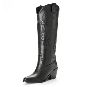 Women's Cowboy Boots - Stylish & Easy to Wear! Rhinestone-accented, knee-high design with classic embroidery. Side zipper for convenient pull-on. Perfect for adding a western touch to your outfits. Embrace the cowboy spirit!