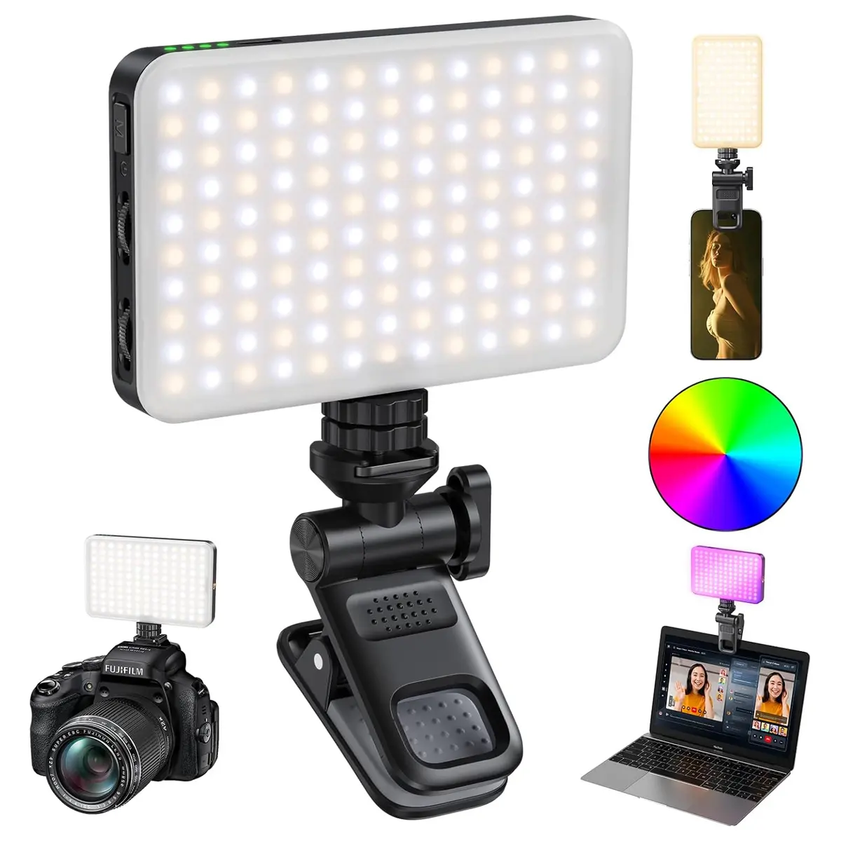 Rechargeable RGB Selfie Light with Clip, 3000mAh Portable LED Video Light, 2500K–9000K Adjustable Brightness, CRI 95+, 180° Rotating Camera Fill Light for Phone, Laptop, Vlogging, Makeup & Live Streaming
