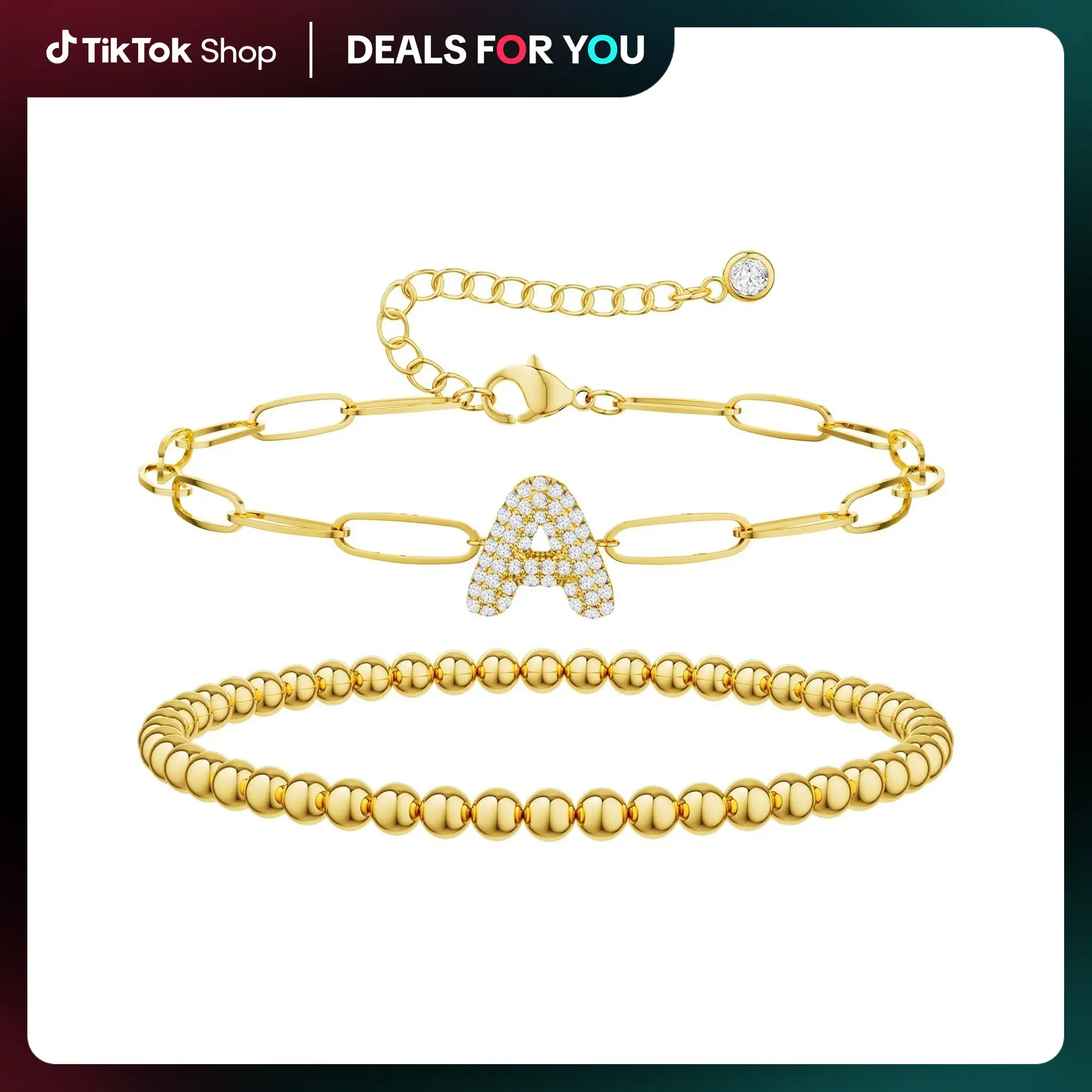 14K Gold Plated Layered Bracelets for Women - Trendy Cubic Zirconia A-Z Beaded Initial Letter Charm Bracelet Adjustable Paperclip Chain Bracelets for Women Jewelry Gifts Dainty Back to school