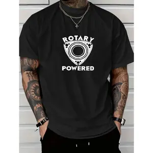 Men's Rotating Power Pattern T-Shirt - Casual Crew Neck, Short Sleeve, Summer Style, White Polyester T-Shirt with Bold Black Letter Print, Everyday T-Shirt | Fashion Casual Wear | Unlined interior